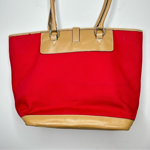 Covington Leather and  Canvas Red Tote with Buckle - Picture 5 of 10